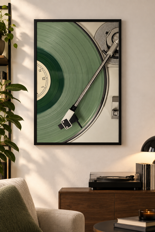 Vinyl Spin poster in black frame on white wall